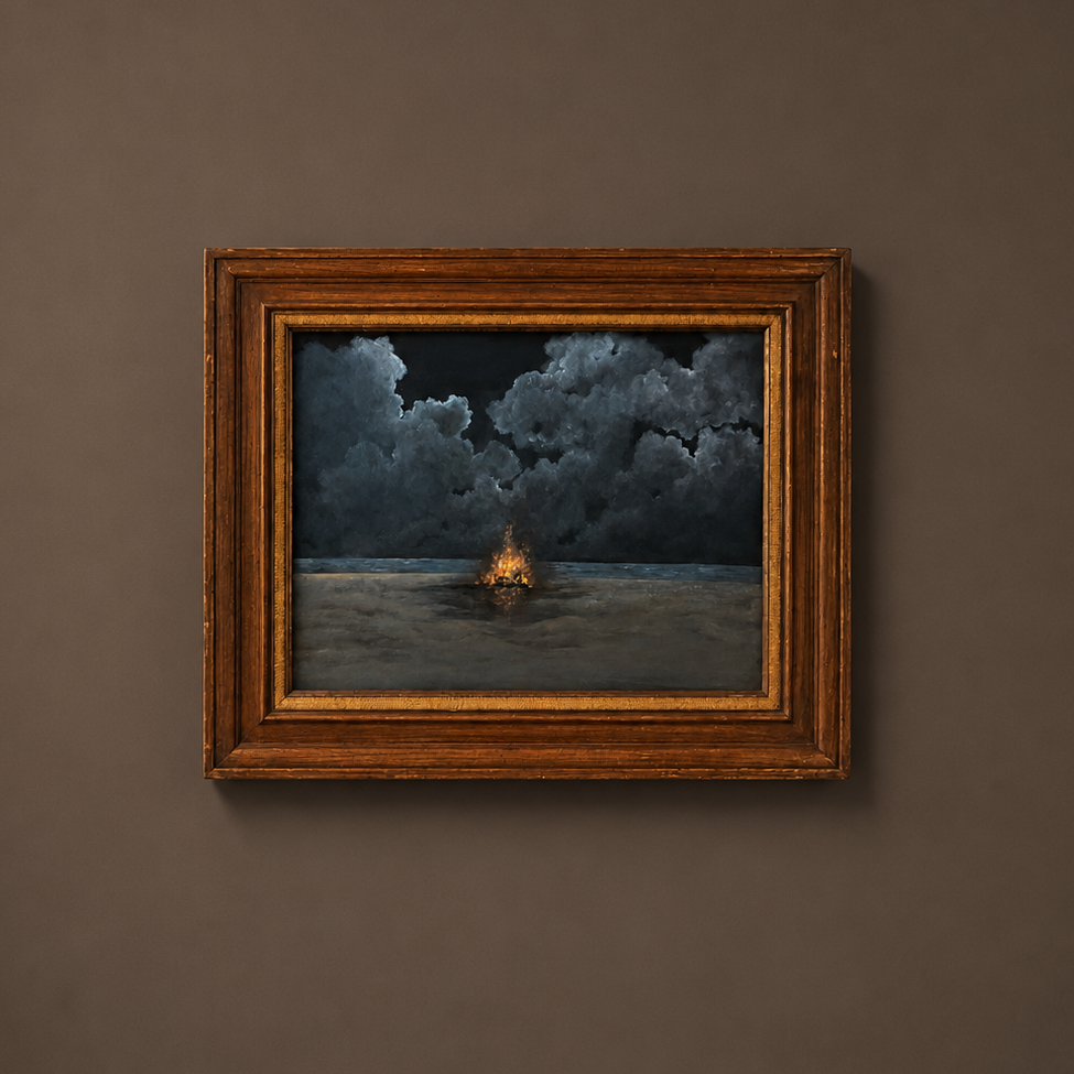 A framed painting depicting a small burning ship on dark water under stormy clouds, housed in a rustic brown wooden frame and mounted on a textured dark brown wall.