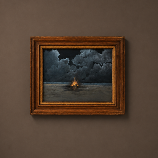 A framed painting depicting a small burning ship on dark water under stormy clouds, housed in a rustic brown wooden frame and mounted on a textured dark brown wall.