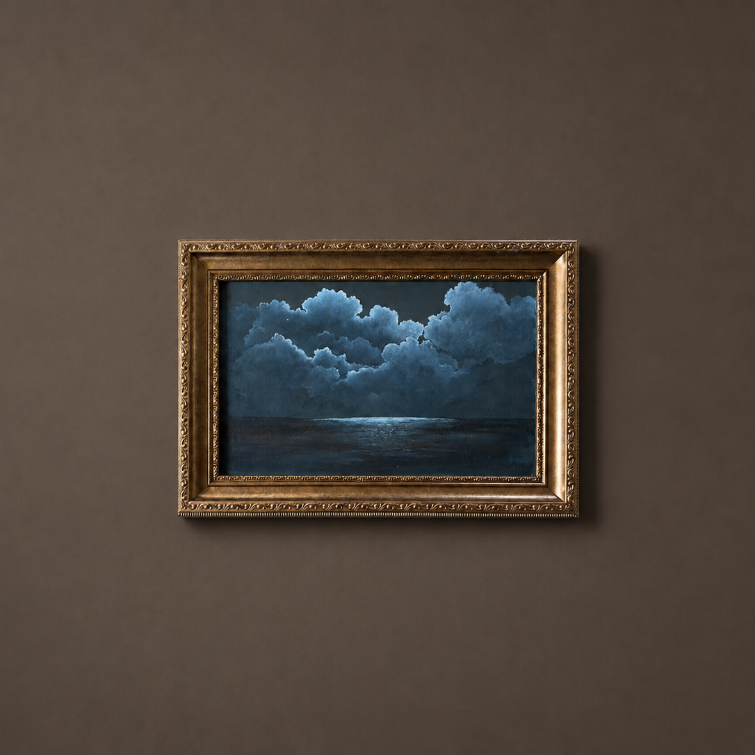 A framed landscape painting of stormy blue clouds over a dark sea, displayed on a textured brown wall.