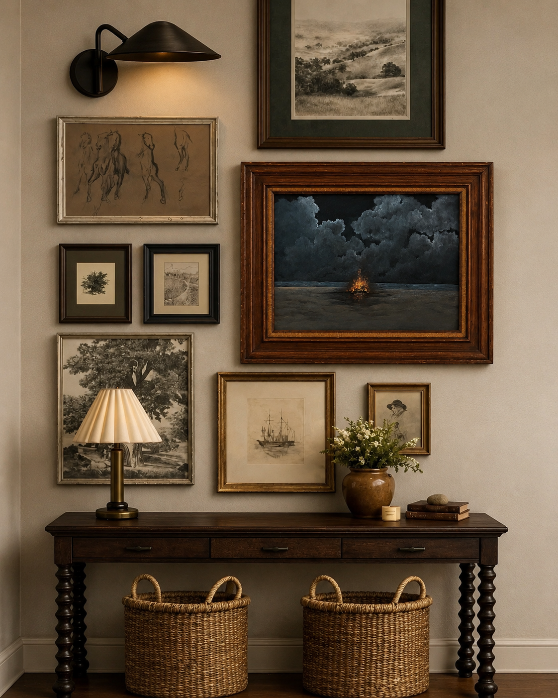 A styled gallery wall featuring multiple framed art prints and paintings in various styles, mounted above a dark wood console table with two woven baskets underneath.