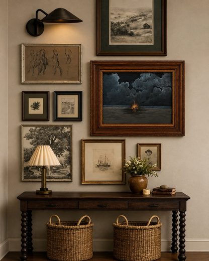 A styled gallery wall featuring multiple framed art prints and paintings in various styles, mounted above a dark wood console table with two woven baskets underneath.
