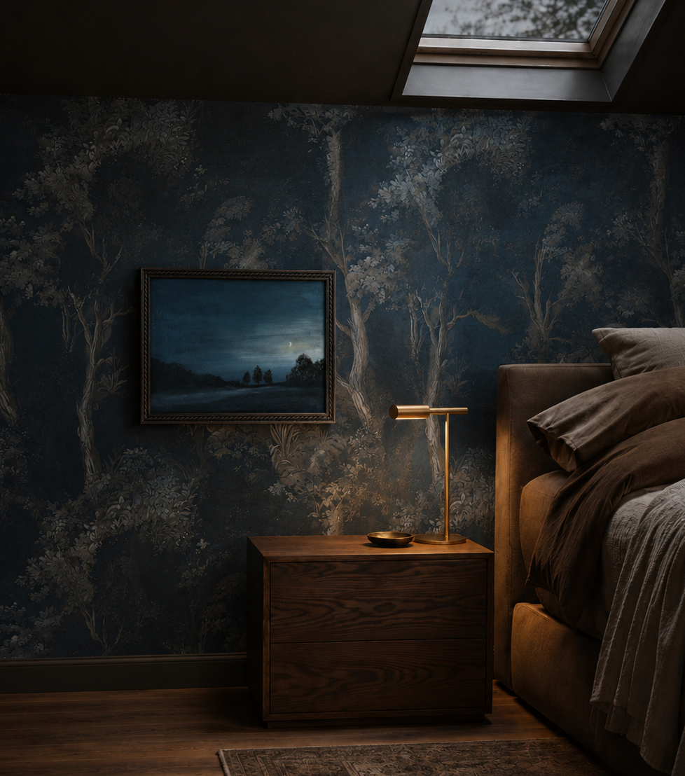 A styled bedroom corner featuring dark blue forest-patterned wallpaper, a dark wood nightstand with a brass table lamp, a framed landscape print, and a bed with brown bedding.