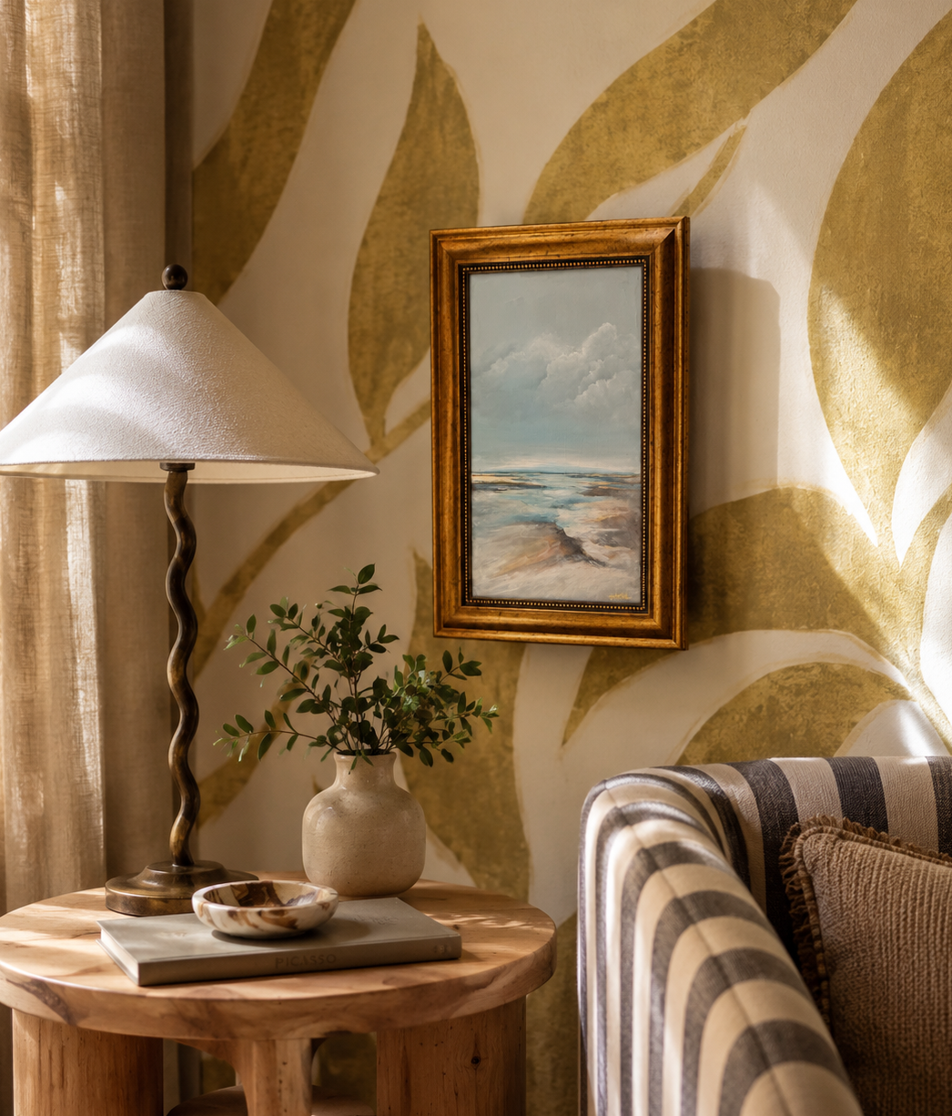 A styled interior corner featuring a small round wooden side table with a table lamp, a vase with greenery, and a framed landscape painting on a wall with large gold leaf patterns. Part of a striped armchair is visible on the right.